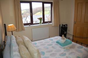 Schlafzimmer mit einem Bett und einem Fenster in der Unterkunft Ty Pen y Bryn in Dolgellau in Dolgellau