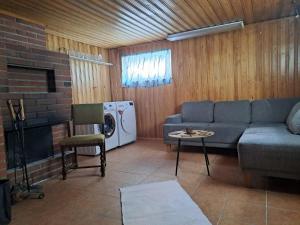 a living room with a couch and a washing machine at Kalevala Home in Oulainen