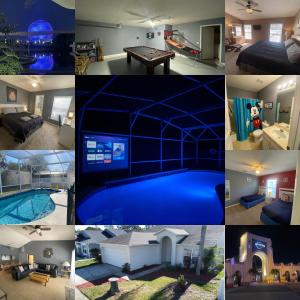 a collage of photos of a house and a pool at 3 Bedroom Villa with Poolside Cinema and Games Room Close to theme Parks sleeps 6 plus 2 in Orlando