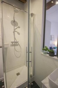 La salle de bains est pourvue d'une douche avec une porte en verre. dans l'établissement In the heart of Old Lille: Rue de la Monnaie, à Lille