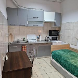 a small kitchen with a sink and a table at SAWAGO Płocka Mieszkanie Parter - Samodzielne zameldowanie in Ciechanów