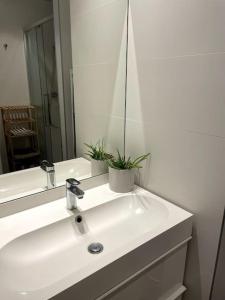 a bathroom with a white sink and a mirror at Les Belles Feuilles Appartement in Paris