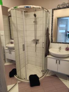 uma casa de banho com uma cabina de duche em vidro e um lavatório. em Apartament KLARA em Rumia