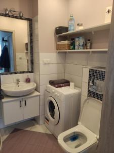 uma casa de banho com uma máquina de lavar roupa e um lavatório em Apartament KLARA em Rumia
