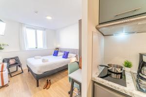 图卢兹Montempô + Apparthôtel Toulouse Cité Internationale的一间有床和厨房的小房间
