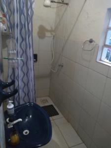 a bathroom with a shower and a blue sink at Casa Colonial. Centro Histórico in Paracatu