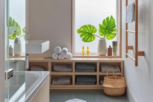 a bathroom with a sink and a shelf with plants at Two Rows Back From the Sea in Deal