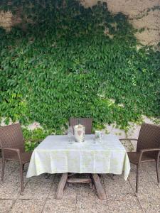 een tafel met twee stoelen en een plantenmuur bij Der Gschwendtnerhof in Valley