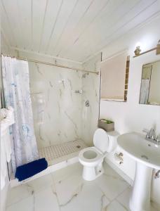 Baño blanco con aseo y lavamanos en Exuma Palms Resort en Hermitage