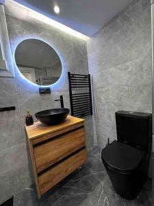 La salle de bains est pourvue d'un lavabo, de toilettes et d'un miroir. dans l'établissement La Plaza del Pilar, à Saragosse