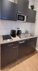a kitchen with a stove and a sink and a microwave at City Pension Zwickau in Zwickau