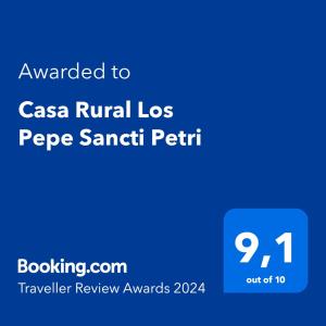 Casa Rural Los Pepe Sancti Petri tesisinde sergilenen bir sertifika, ödül, işaret veya başka bir belge