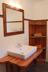 La salle de bains est pourvue d'un lavabo blanc et d'un miroir. dans l'établissement Manggehof, à Grosshattenberg
