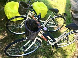 zwei Fahrräder mit Körben auf dem Rasen in der Unterkunft Appartamento villatorretta24 in Riva del Garda