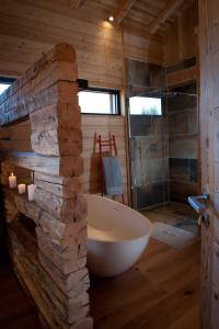 サモエンヌにあるChalet de 4 chambres a Samoens a 700 m des pistes avec jacuzzi jardin amenage et wifiのバスルーム(大型バスタブ、シャワー付)