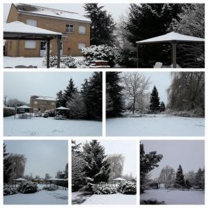un grupo de cuatro fotos de una casa con nieve en La Résidence des Fleurs en Lecelles