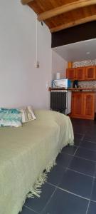 een slaapkamer met een bed en een keuken bij La rivera in Chajarí