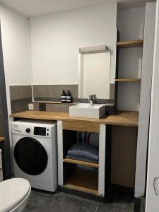 uma casa de banho com um lavatório e uma máquina de lavar roupa em Le Central - Studio avec terrasse Camas,Timone em Marselha