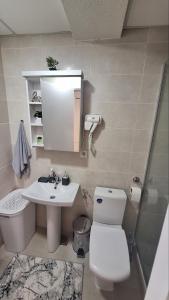 uma casa de banho com um WC branco e um lavatório. em Luxury Apartment Santorini em Skopje