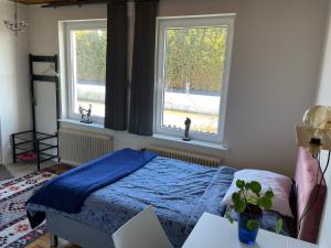 a bedroom with a blue bed and two windows at Studio 3 in Landskrona