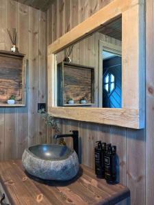 a bathroom with a large rock sink on a wooden counter at Cosy cabin between lake and mountain in Treungen +29 photos
