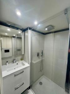 uma casa de banho com um chuveiro e um lavatório. em Élégance, 4 Pers, palais des congrès em Paris