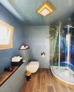 een badkamer met een douche, een toilet en een bad bij Bubble Tent Berlin in Altlandsberg