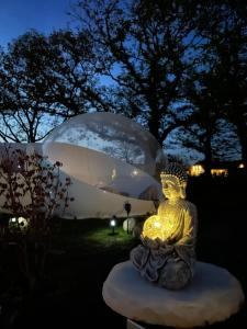 Eine Buddha-Statue vor einer Glaskuppel in der Unterkunft Bubble Tent by Reindahls in Wilkendorf