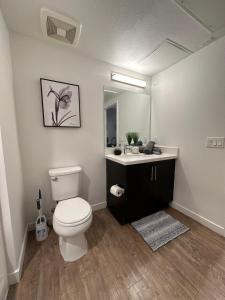 uma casa de banho com um WC, um lavatório e um espelho. em Hollywood Universal Studios Apartment FREE parking em Los Angeles