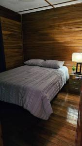 a bedroom with a bed with a wooden wall at Cozy Home in Volcán