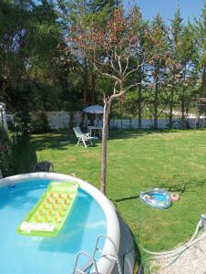 Laureana Cilento的住宿－VILLA LEYLAND，庭院里的一个游泳池,有桌子和树