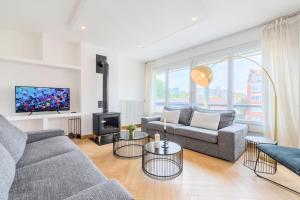 Una sala de estar con un sofá y un televisor. en Large 130 m² 4-bedroom apartment, en Lille