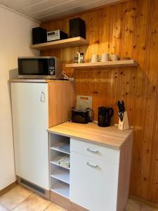 a kitchen with a white refrigerator and a microwave at waldhaus no 15 in Mönkebude
