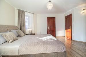 a bedroom with a bed and a chandelier at Apartamenty Widokowe Butorówka Kościelisko - Zakopane in Kościelisko