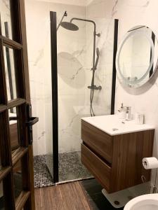 a bathroom with a shower and a sink and a mirror at Neuilly's Finest in Neuilly-sur-Seine