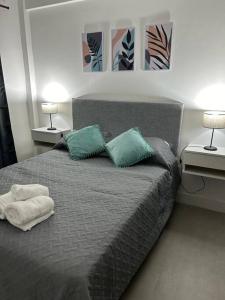 een slaapkamer met een bed met 2 kussens en 2 lampen bij Comodidad y lujo! Con desayuno Incluido! G&A Rent in Ezeiza
