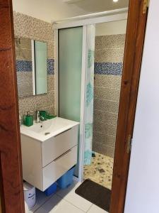 y baño con lavabo y ducha. en bungalow Bô Sicrié, en Le Moule