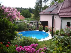 a swimming pool in a garden with flowers at Penzion Nevcehle in Urbanov