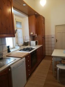 a kitchen with wooden cabinets and a stove top oven at Antico Chalet Momosa Maxi in Ovindoli