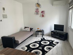 a room with a bed and a television and a rug at New studio no2 in the middle off famagusta & NETFLIX in Famagusta