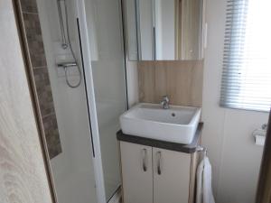 a small bathroom with a sink and a shower at Alphi 4 in Bude +26 photos