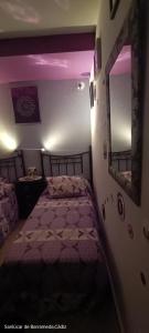 サンルーカル・デ・バラメダにあるLa Casita Del Indioのベッドルーム1室(ベッド1台、壁掛け鏡付)