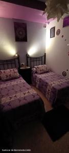 サンルーカル・デ・バラメダにあるLa Casita Del Indioの紫のシーツが備わる客室内のベッド2台