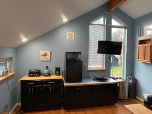 eine Küche mit einer Theke mit einem Kühlschrank und einem Fenster in der Unterkunft Oceanfront Studio/Loft: Alpacas, Oysters & Kayaks in Shelton