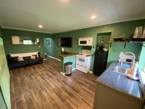 uma cozinha com paredes verdes e piso em madeira em Lexington Getaway em Lexington
