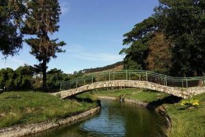 a stone bridge over a river in a park at Hotel La Pedregosa in Mérida