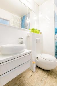 a white bathroom with a sink and a toilet at Apartament Bulwary Łyna przy Starym Mieście in Olsztyn