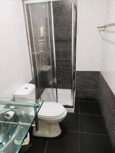 ein Bad mit einem WC und einer Glasdusche in der Unterkunft SwissPorto Guest House in Porto