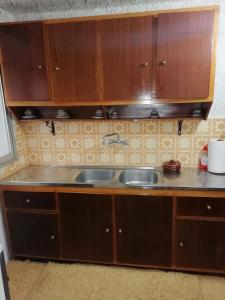 eine Küche mit Holzschränken und einem Waschbecken in der Unterkunft To XYLINO 
