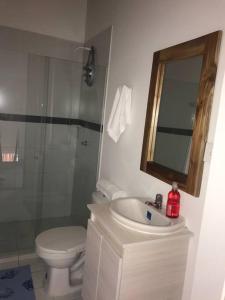 uma casa de banho com um lavatório, um WC e um espelho. em Coveñas Hermoso Apartamento Vista al Mar em Coveñas